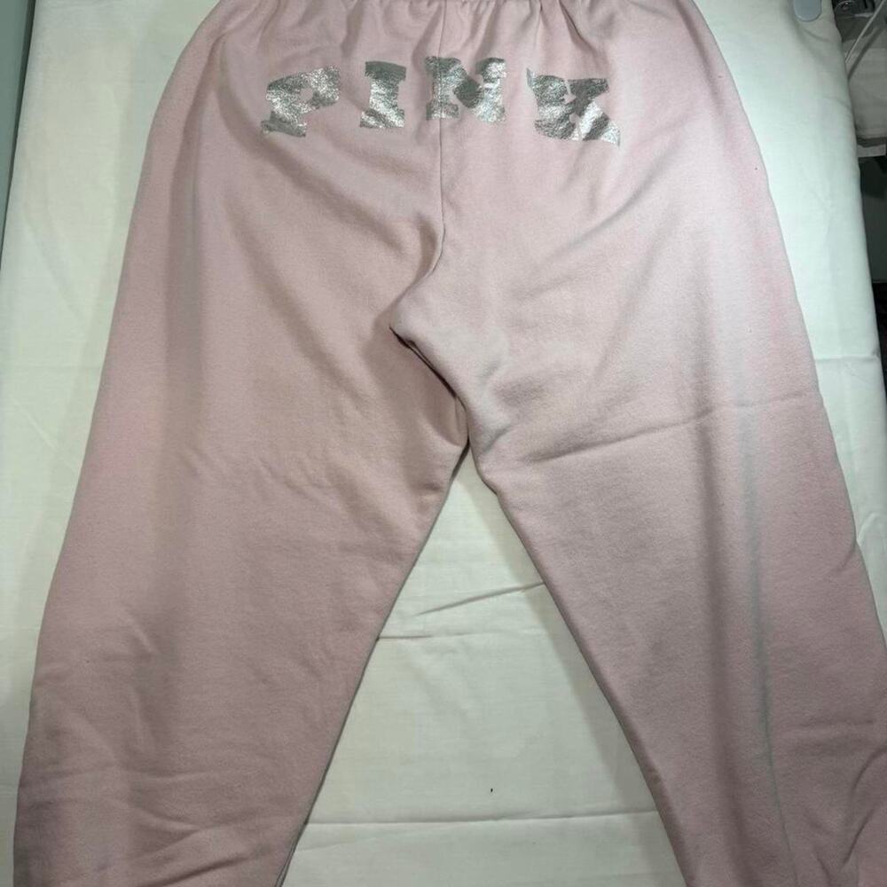 PINK Victoria's Secret Sweatpants Womens L Pink Silver Foil Logo Jogger Pants